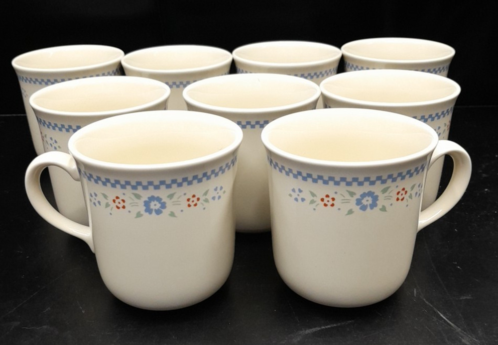 SET OF 9 CORELLE NEEDLEPOINT 3 1/2-inch CUPS MUGS CORNING TAN BLUE CHECK BANDS